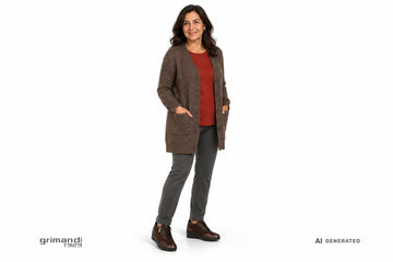 Scarpe Valleverde donna indossate con pantaloni jersey antracite, maglia in cotone mattone e cardigan lungo fango. Outfit 2