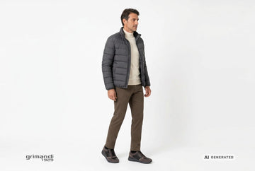 Scarpe Valleverde uomo indossate con pantaloni twill fango, lupetto merino panna e piumino trapuntato grafite. Outfit 1