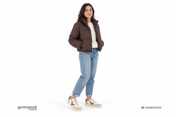 Sneakers Victoria donna indossate con jeans mom chiari risvoltati, felpa écru e piumino marrone cioccolato. Outfit 2