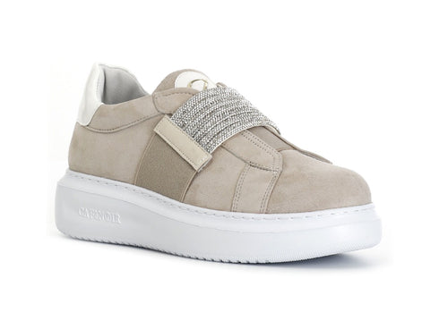 CafèNoir Slip-on Sneakers Elastic Rhinestone Suede Leather Upper