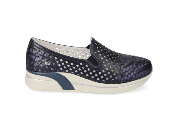 Valleverde Slip-on Donna in Pelle Blu Navy Traforata con Zeppa VNF550W