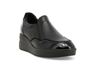 Melluso Women's Black Slip-on in Smooth Leather and Patent Leather with Wedge Heel