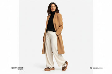 Sneakers Back 70 donna calzate con pantalone palazzo velluto panna, dolcevita merino nero e cappotto cammello lungo. Outfit 1
