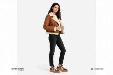 Sneakers Back 70 donna calzate con jeans nero délavé, cardigan tabacco coste inglesi e giubbotto shearling marrone. Outfit 2