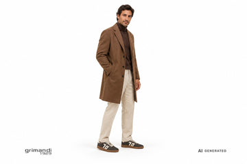 Sneakers Back 70 uomo indossate con pantaloni in flanella panna, dolcevita moka e cappotto cammello. Outfit 1