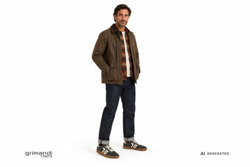 Sneakers Back 70 uomo indossate con jeans indaco risvoltati, t-shirt avorio e giacca cerata marrone. Outfit 2