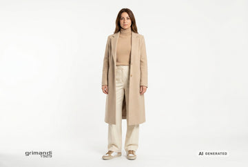 Sneaker Crime London donna indossate con pantaloni lana panna, dolcevita cashmere cammello chiaro e cappotto sabbia. Outfit 1