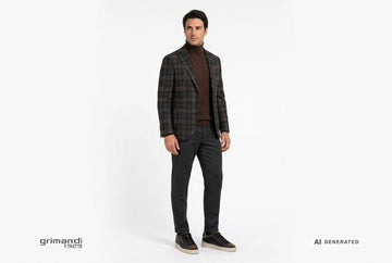 Sneaker Crime London uomo indossate con pantaloni flanella antracite, dolcevita cashmere cioccolato e blazer a quadri scuri. Outfit 1