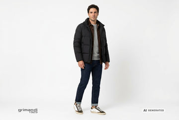 Sneaker Crime London uomo indossate con jeans indaco, felpa grigio melange, overshirt velluto cioccolato e piumino nero. Outfit 2