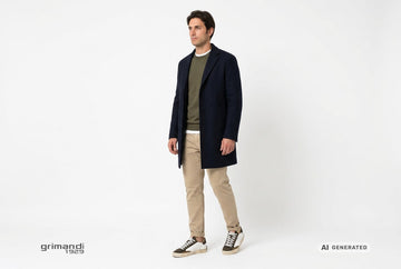 Sneaker Crime London uomo indossate con chino sabbia, maglia merino oliva, t-shirt bianca e cappotto navy. Outfit 1