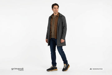 Sneaker Crime London uomo indossate con jeans indaco, felpa fango, overshirt lana a quadri tabacco e impermeabile antracite. Outfit 2