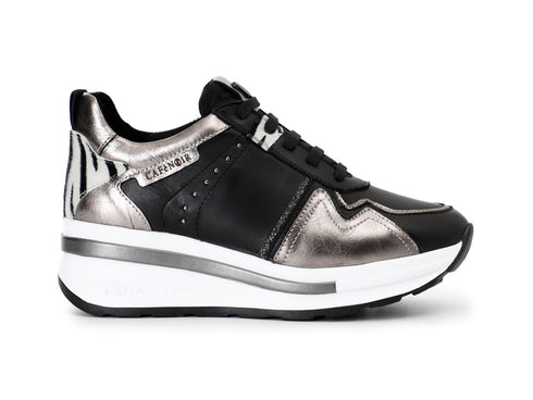 CafèNoir Sneaker Lacci con Zeppa Tomaia Animalier e Pelle Nera C1DN1005-N059