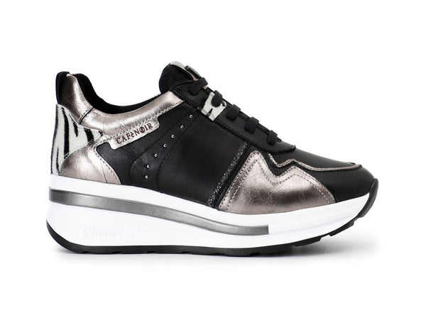 CafèNoir Sneaker Lacci con Zeppa Tomaia Animalier e Pelle Nera C1DN1005-N059