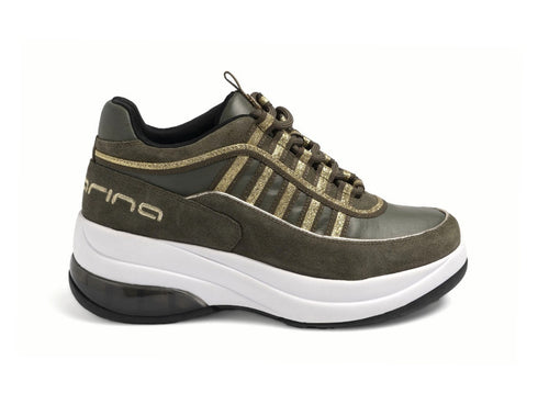 Fornarina Scarpe UP Lacci Platform Camoscio Tessuto Army Gold