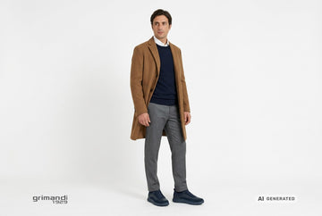 Sneaker Geox uomo indossate con pantaloni lana grigia, camicia bianca, maglia merino blu notte e cappotto cammello. Outfit 1