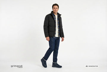 Sneaker Geox uomo indossate con calzini navy, jeans scuri, t-shirt avorio, overshirt a quadri blu-marroni e piumino nero. Outfit 2