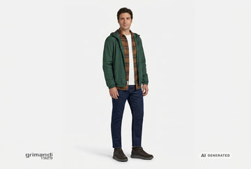 Sneaker Geox uomo indossate con jeans indaco, t-shirt bianca, overshirt flanella a quadri marroni e giacca verde bosco. Outfit 2