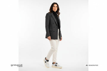 Sneaker Munich donna indossate con pantalone gesso, dolcevita nero costine e blazer doppiopetto spigato antracite. Outfit 1