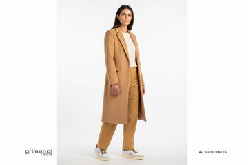 Sneaker Munich donna indossate con pantalone lana cammello, maglia panna e cappotto biscotto lungo. Outfit 1