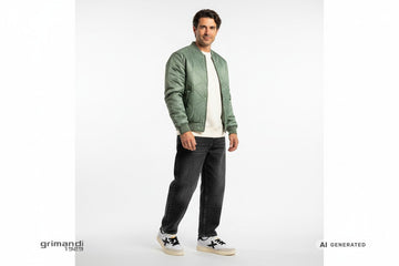Sneaker Munich indossate con jeans nero slavato ampio, felpa girocollo avorio e bomber raso verde salvia. Outfit 2