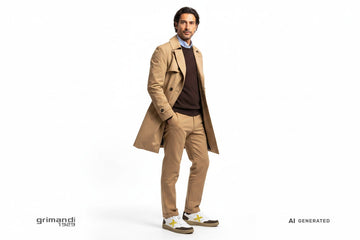 Sneaker Munich indossate con pantalone twill sabbia, pullover marrone e trench doppiopetto. Outfit 1