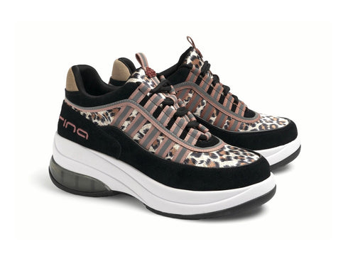Fornarina Sneakers UP Lacci Zeppa Camoscio Tessuto Animalier