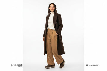 Sneaker SUN68 indossate con pantalone a pinces cammello, dolcevita avorio e cappotto lungo doppiopetto marrone. Outfit 1