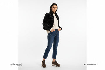Sneaker SUN68 indossate con jeans indaco cropped, maglione trecce panna e piumino corto velluto nero. Outfit 2