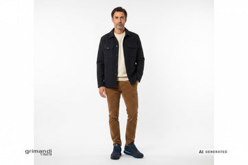 Sneaker SUN68 indossate con pantalone velluto a coste tabacco, maglia merino burro e overshirt lana blu navy. Outfit 1