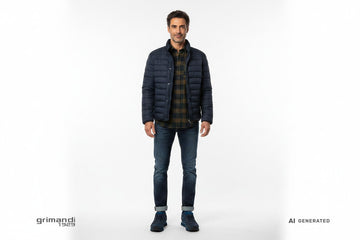 Sneaker SUN68 indossate con denim raw scuro risvoltato, camicia flanella bosco e giubbotto trapuntato navy. Outfit 2