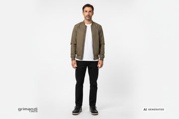 Sneaker SUN68 indossate con pantalone relaxed nero, t-shirt bianca e bomber nylon fango. Outfit 1