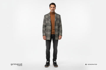 Sneaker SUN68 indossate con jeans grigio sartoriale, dolcevita merino caramello e cappotto a quadri nero avorio. Outfit 2