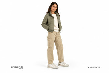 Sneakers Victoria donna indossate con cargo in cotone ripstop sabbia, felpa écru e piumino trapuntato verde salvia. Outfit 1