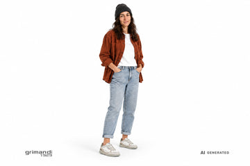 Sneakers Victoria donna indossate con jeans denim chiaro risvoltati, t-shirt bianca, overshirt ruggine e berretto scuro. Outfit 2