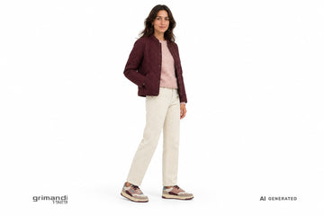 Sneakers Victoria donna indossate con pantaloni in velluto panna, maglia bouclé cipria e giacca trapuntata bordeaux. Outfit 1