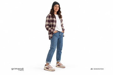 Sneakers Victoria donna indossate con jeans blu risvoltati, t-shirt bianca, overshirt prugna e crema e berretto scuro. Outfit 2