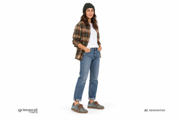 Sneakers Victoria donna indossate con jeans blu risvoltati, t-shirt bianca, overshirt in flanella terra e berretto scuro. Outfit 2