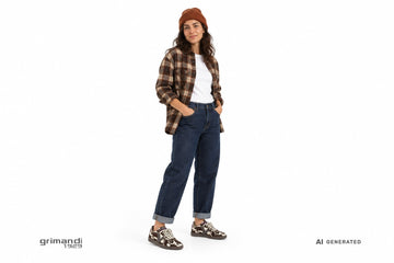 Sneakers Londres Victoria donna indossate con jeans indaco risvoltati, t-shirt bianca, overshirt a quadri marroni e berretto ruggine. Outfit 2