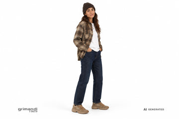 Sneakers Victoria Mythos donna indossate con jeans indaco, t-shirt bianca, overshirt in flanella fango e berretto scuro. Outfit 2
