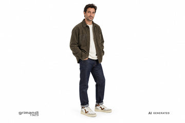 Sneakers Victoria Seul uomo abbinate a jeans selvedge blu con risvolto e overshirt velluto a coste fango. Outfit 2
