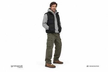 Sneakers Victoria uomo indossate con cargo verde militare, felpa melange grigia e gilet imbottito nero. Outfit 1