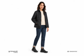 Stivaletti FRAU donna indossati con jeans indaco risvoltati, maglia boxy in lana panna e giacca trapuntata nera. Outfit 2