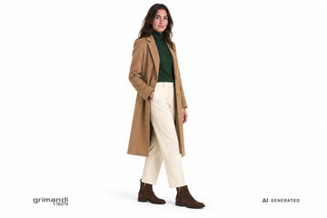 Stivaletti FRAU donna indossati con pantaloni in lana panna, dolcevita cashmere verde bosco e cappotto cammello. Outfit 1