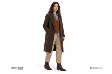 Stivaletti FRAU donna indossati con pantaloni in velluto sabbia, camicia denim, cardigan ruggine e cappotto cioccolato. Outfit 1