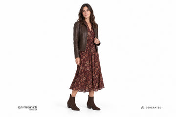 Stivaletti FRAU donna indossati con chemisier midi fluido a fiori su fondo bordeaux e giacca corta in pelle marrone. Outfit 2