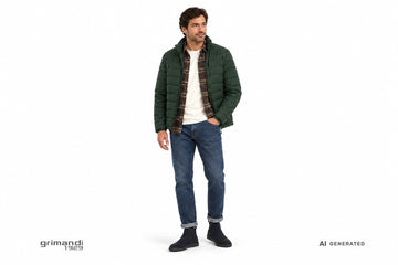 Stivaletti FRAU uomo indossati con jeans risvoltati, t-shirt avorio, overshirt in flanella marrone e piumino verde bosco. Outfit 2