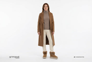 Stivaletti Melluso donna indossati con pantaloni lana panna, dolcevita alpaca tortora e cappotto cammello scuro. Outfit 1
