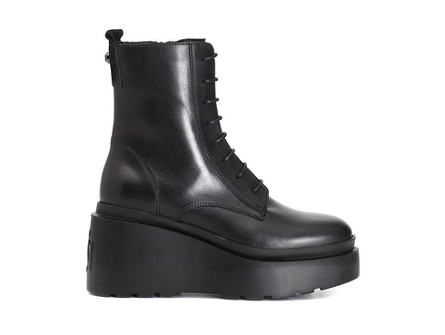 CafèNoir Stivaletti con Zip e Stringhe Zeppa Alta Tomaia Pelle Nera C1HB1104-N001