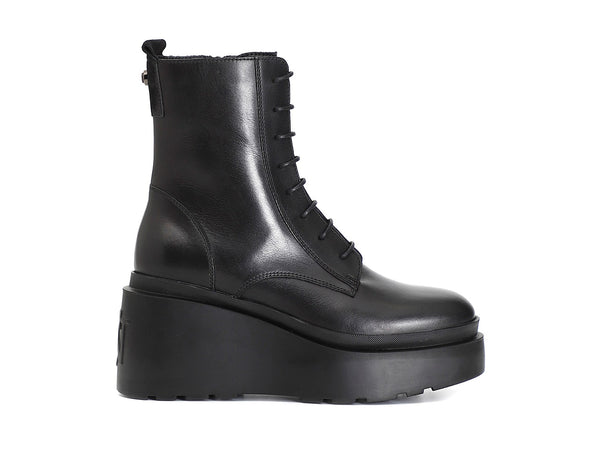 CafèNoir Stivaletti con Zip e Stringhe Zeppa Alta Tomaia Pelle Nera C1HB1104-N001