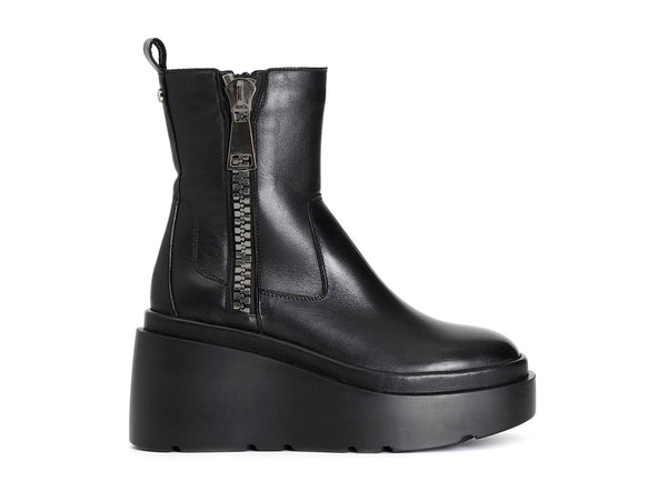 CafèNoir Stivaletti in Pelle con Maxi Zip Laterale Suola Zeppa Nera C1HA1011-N001